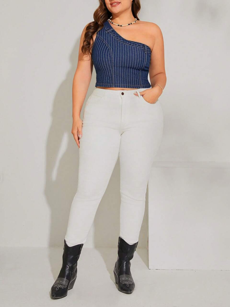 Plus Striped Print One Shoulder Crop Denim Top