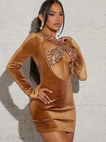 Chi tiết Sequin Cắt ra phía trước Váy bodycon - màu nâu - Xem 3