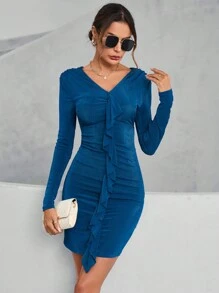 Aveloria Ruffle Trim Ruched Bodycon Dress Fall Cloth For Women