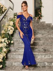Cold Shoulder Sequin Decor Mermaid Hem Formal Dress (Flower Position Is Random) - Royal Blue - View 7