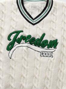 SHEIN 男大童字母圖案條紋飾邊板球毛衣 - 白色 - 查看 3