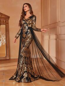 Faeriesty Plunging Neck Mesh Overlay Sequin Mermaid Dress - Black - View 6