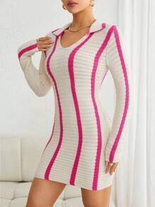 SHEIN Privé 條紋圖案緊身翻領毛衣洋裝 - 玫紅色 - 查看 4