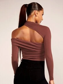 SHEIN BAE 不對稱領側收褶短款上衣 - 棕色 - 查看 2