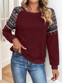 SHEIN LUNE Sudadera con estampado geométrico de manga raglán - Burdeos - Ver 3