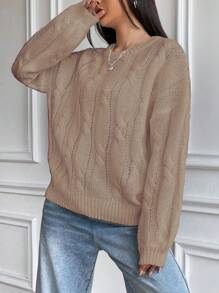 SHEIN Unity 休閒麻花紋純色女士毛衣 - 卡其色 - 查看 3