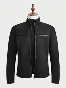 Manfinity NiteLyfe Men Casual Solid Color Stand Collar Thermal Lined Zip Up Jacket, Autumn/Winter - Black - View 1