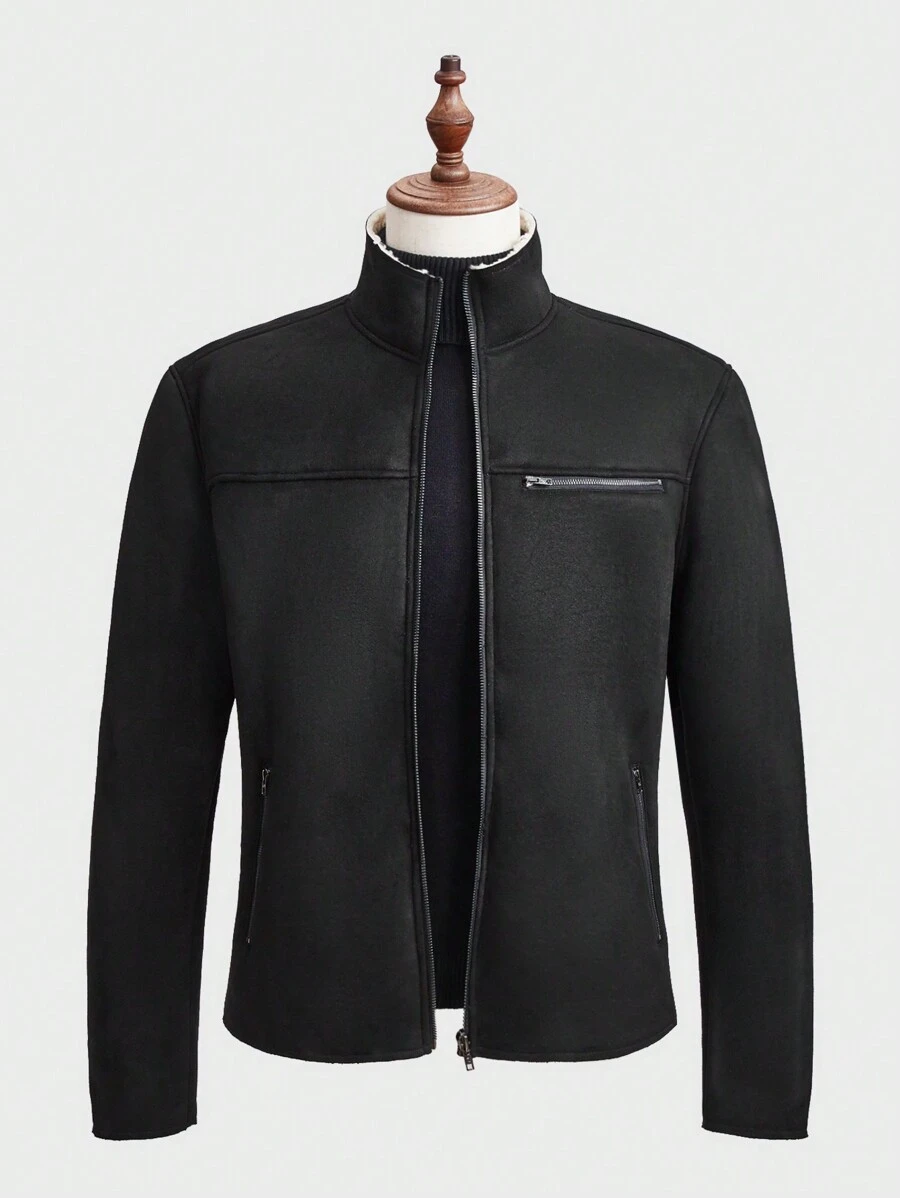 Manfinity NiteLyfe Men Casual Solid Color Stand Collar Thermal Lined Zip Up Jacket, Autumn/Winter - Black - View 1