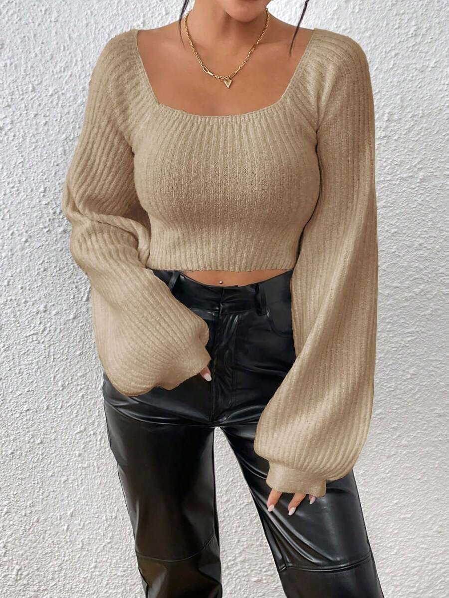 SHEIN SXY 方領燈籠袖短款毛衣 - 卡其色 - 查看 1