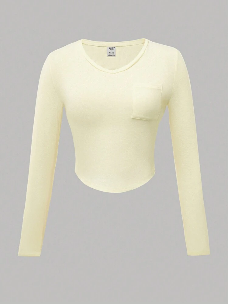 Teen Girl Solid Pocket Patched Curved Hem Tee