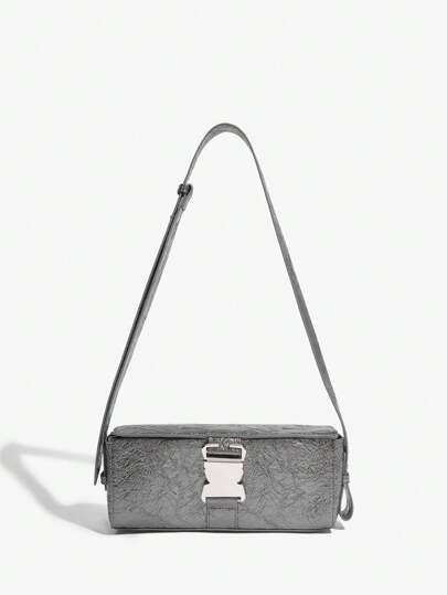 SHEIN ICON Silver Fashionable Shoulder Bag With Avant-Garde Pleated Detail And Buckle Decoration