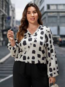 EMERY ROSE Plus Allover Print Lantern Sleeve Blouse - Khaki - View 1