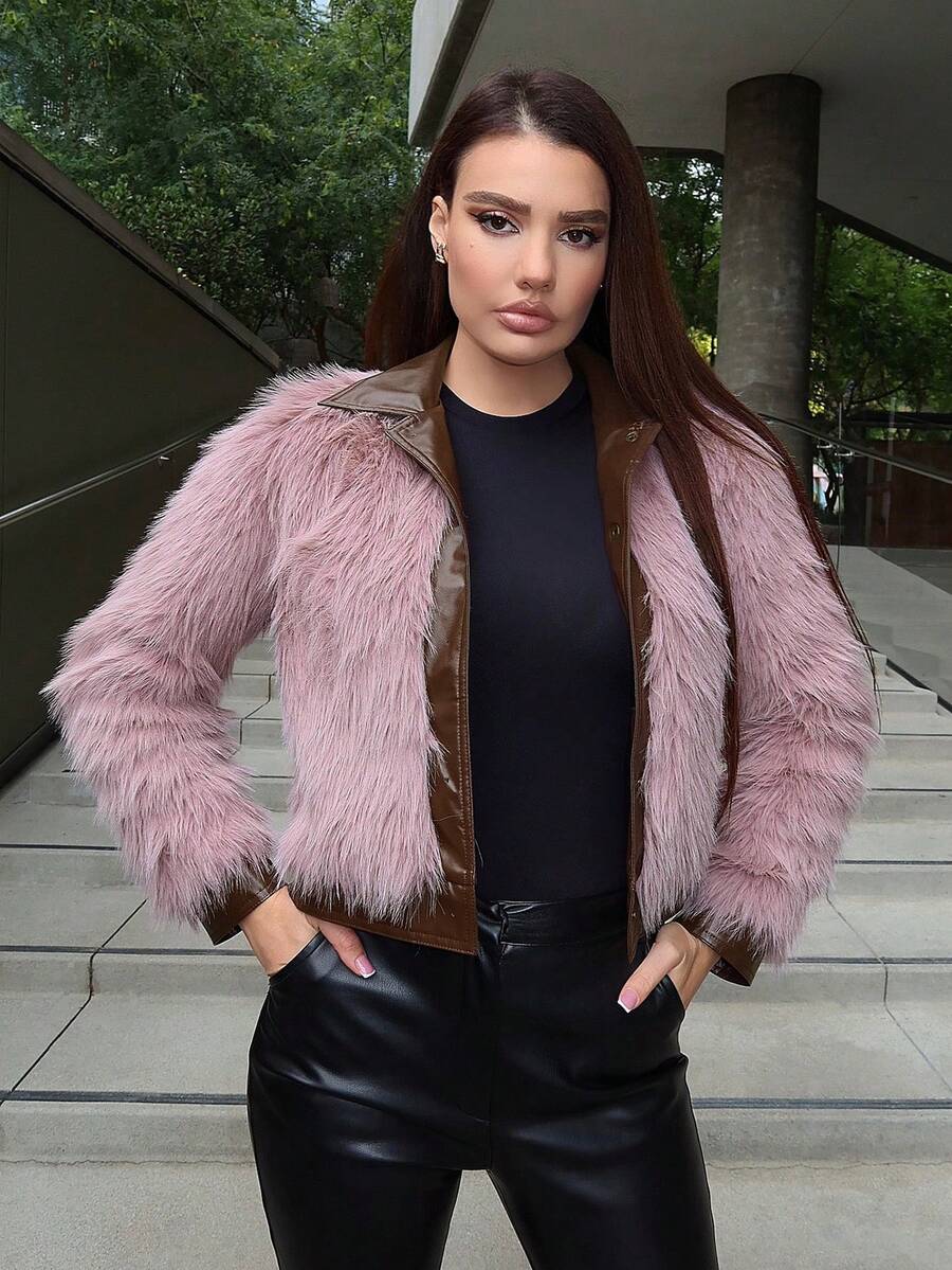 SHEIN Privé Viền tương phản 	
Fuzzy áo - Màu nâu Sô-cô-la - Xem 1