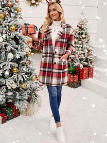 SHEIN Frenchy Plaid Double Breasted Lapel Neck Drop Shoulder Overcoat - Multicolor - View 3