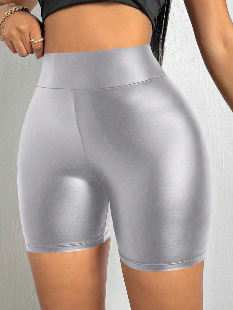 Wideband High Waist PU Leather Biker Skinny Shorts