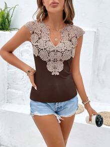 SHEIN VCAY Bảng điều khiển ren Guipure Đường viền cổ có rãnh Áo ba lỗ - màu nâu - Xem 5