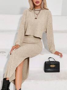 SHEIN Essnce 落肩T恤&高衩半身裙 - 杏色 - 查看 5