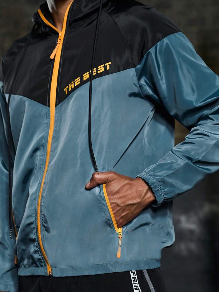 Men Letter Graphic Colorblock Zip Up Hooded Sports Jacket Workout Tops Sports Jacket