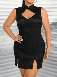 Allurite Plus Mandarin Collar Split Hem Satin Dress - Black - View 4