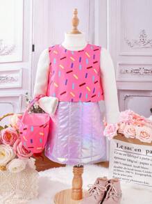 SHEIN Young Girl 1pc Lip Print Dress & 1pc Bag - Pink - View 1