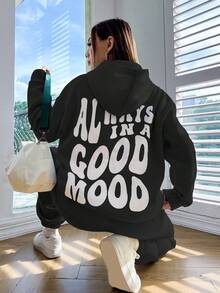 SHEIN Unity 標語圖案落肩袖連帽衫和運動褲 - 黑色 - 查看 5