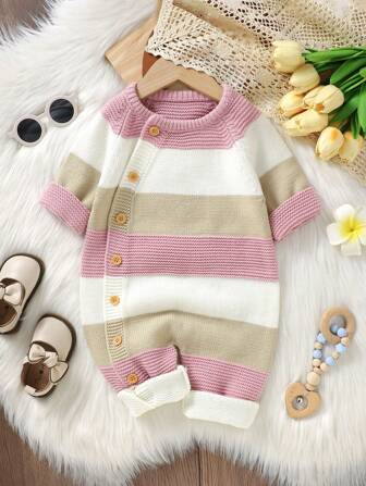 SHEIN Vintaside Kids Baby Girl Colorblock Button Front Raglan Sleeve Knit Jumpsuit