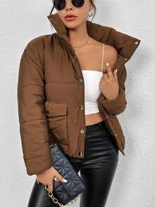 SHEIN Essnce 纯色按扣加厚棉服冬季 - 棕色 - 查看 4