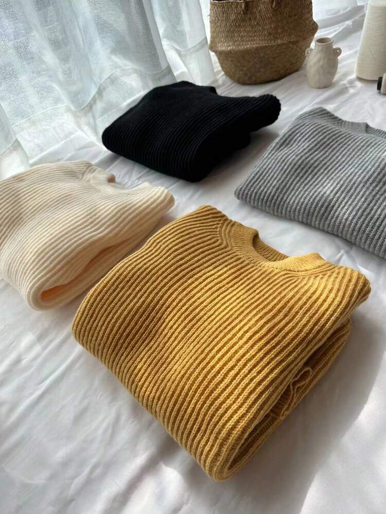 4pcs Solid Ribbed Knit Knit Pullover Fall Winter Sweaters