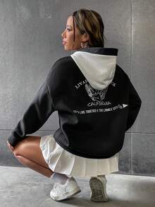 SHEIN Unity Slogan & Angel Embroidery Drop Shoulder Hoodie - Black and White - View 5