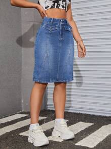 SHEIN ICON High Waist Flap Detail Denim Skirt - Medium Wash - View 4