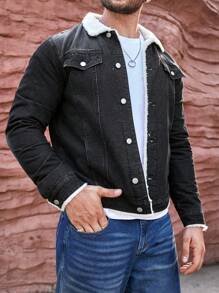 Manfinity Homme Lỏng lẻo phù hợp Nam Áo khoác denim Với Cổ áo Borg Và Sang trọng Lót - màu đen - Xem 3