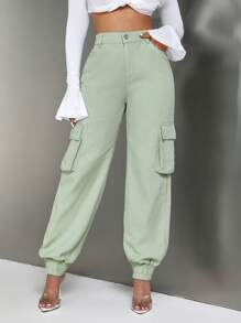 SHEIN High Waist Flap Pocket Cargo Jeans - Army Green - View 3