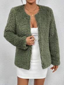 Chiquease Open Front Fuzzy Coat Fall Cloth For Women - Green - View 3