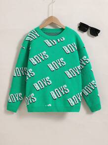 Tween Boy Letter Pattern Drop Shoulder Sweater - Green - View 1