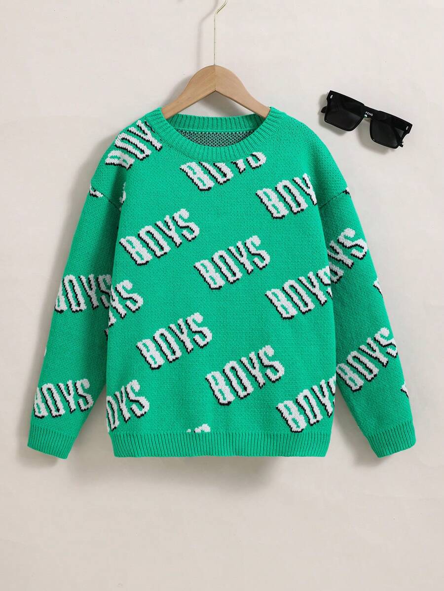 Tween Boy Letter Pattern Drop Shoulder Sweater - Green - View 1