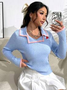 SHEIN Unity 彩色區塊肋針編織毛衣,配有刺繡心臟和邊緣細節 - 藍色 - 查看 1