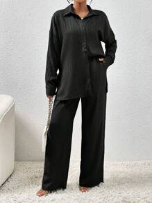 EMERY ROSE LUNE Autumn New Textured Fabric Casual Drop Shoulder Hem Slit Shirt And Practical Side Pocket Wide Leg Pants Women 2 Pieces Set - Black - View 4