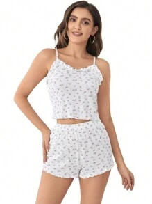 碎花木耳邊吊帶背心和短褲睡衣套裝 - 白色 - 查看 1