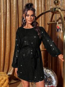 SHEIN Belle Tay áo lồng đèn Thắt lưng Kim sa Đầm - màu đen - Xem 3