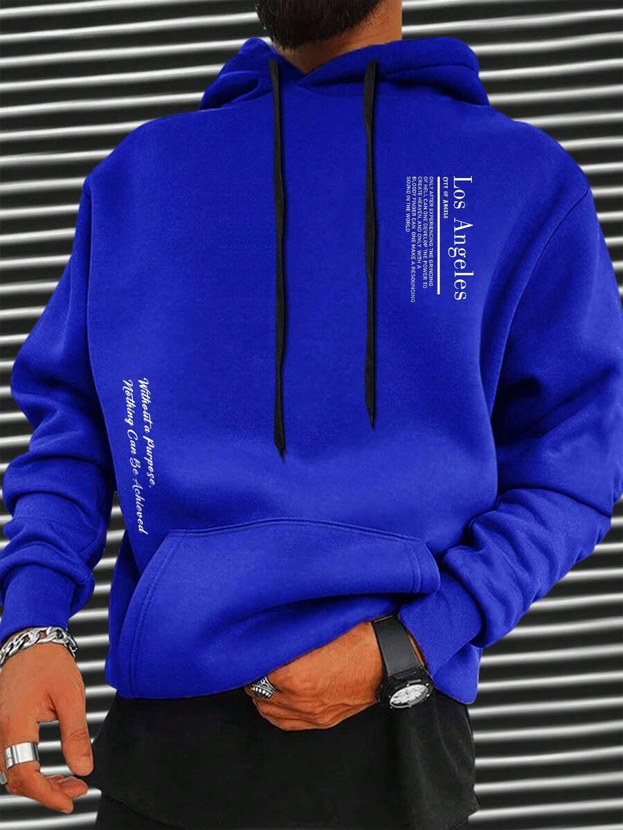 Manfinity Homme Men Slogan Graphic Kangaroo Pocket Drawstring Hoodie - Navy Blue - View 1