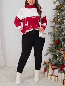 SHEIN LUNE Talla grande Jersey con patrón de Navidad cuello alto de hombros caídos - Multicolor - Ver 6