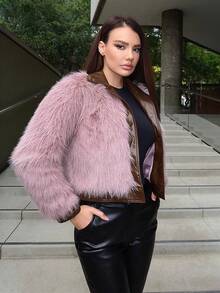 SHEIN Privé Viền tương phản 	
Fuzzy áo - Màu nâu Sô-cô-la - Xem 4