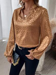 SHEIN LUNE Leopard Jacquard Lantern Sleeve Notched Neck Blouse - Brown - View 6