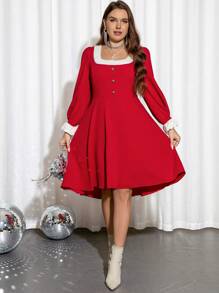 SHEIN Unity 大碼拼接邊方領燈籠袖洋裝 - 紅色 - 查看 3