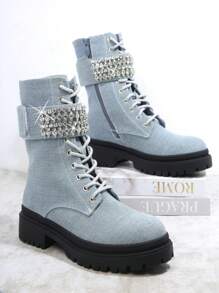 SHUZIA Rhinestone Decor Lace-up Front Combat Boots