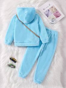 SHEIN Young Girl Letter Embroidery Teddy Hoodie & Pants & Bag