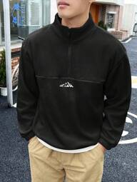 Manfinity Homme Dağ Nakışlı ve Yarım Fermuarlı Erkek Bol Kesim Polar Sweatshirt, Sonbahar Kış İçin, Uzun Kollu Üst