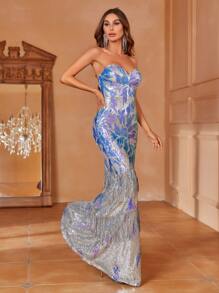 Mermaid Hem Sequin Tube Prom Dress - Silver - View 4