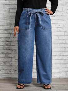 SHEIN LUNE Hơn Thắt lưng quần ống rộng Quần jean - Rửa trung bình - Xem 1