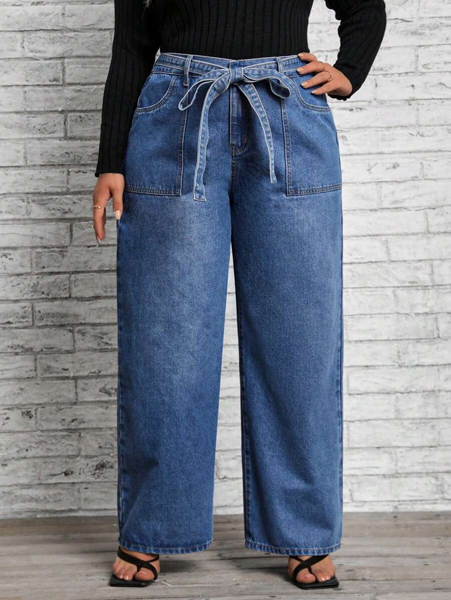 SHEIN LUNE Hơn Thắt lưng quần ống rộng Quần jean - Rửa trung bình - Xem 1